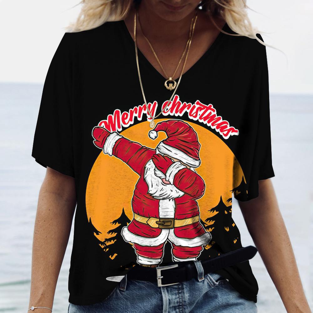 Футболка с короткими рукавами и V-образным вырезом большого размера 6XL Merry Christmas, женская, с принтом рождественской елки и Санта-Клауса, простая, модная, трендовая женская одежда