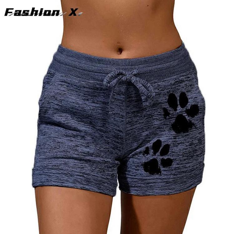 Women's Shorts High Waist Cat Paw Printed Drawstring Sport Shorts