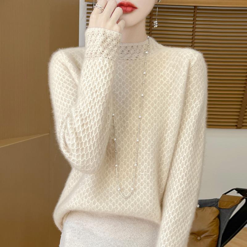Autumn and winter pure wool seven-needle thickened semi-turtleneck knitted sweater long-sleeved women's honeycomb jacquard bottoming shirt