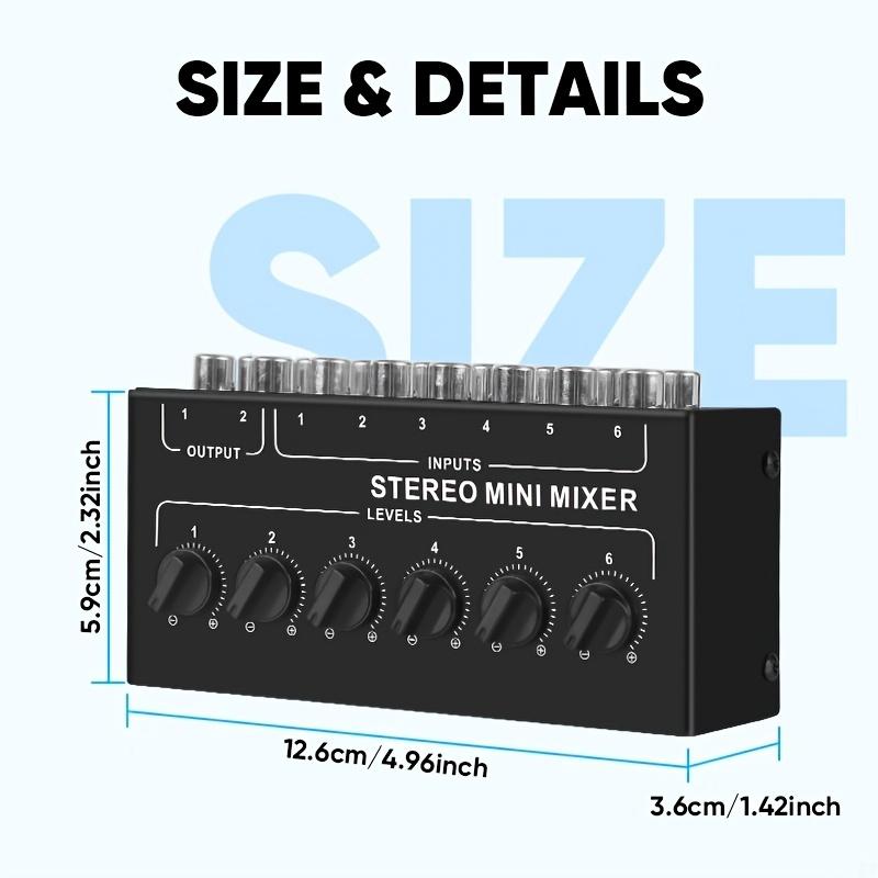 6-Channel Stereo Mini Audio Mixer - Ultra Low Noise Portable RCA Mixer with Independent Volume Control, 2 Outputs, Perfect for L