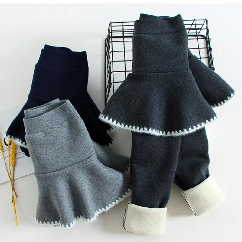 Зимние леггинсы для девочек, брюки, детские брюки, флисовые леггинсы для девочек, толстые теплые ложные брюки из двух предметов, детские юбки, брюки, брюки
