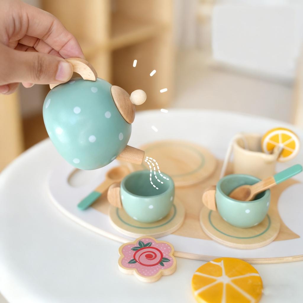 Children's Play House Early Education Simulation Dessert Cake Selling Teapot Cup Tea Set Wooden Toy