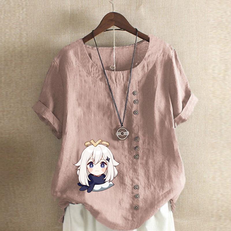 Women's Fashion Round Neck Short Sleeve T-shirt Casual Cotton Linen Graphic Shirt Leisure Loose White Haired Girl Prined Summer Blouse Tops