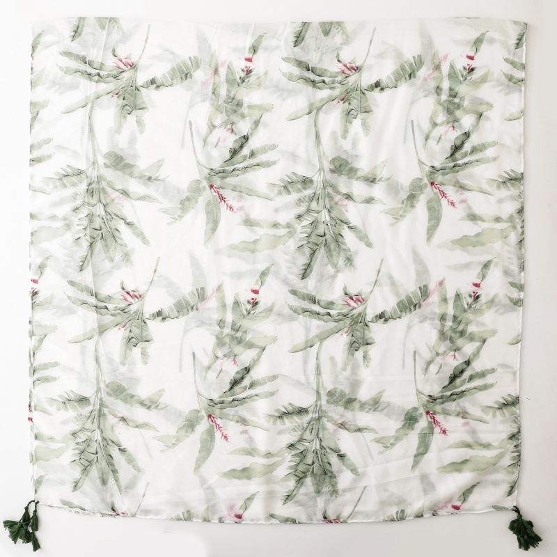 Женский шарф, шелковый шарф, весна-лето, небольшой, свежий, зеленый, тропическое растение, балийская пряжа, шаль с бахромой