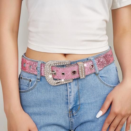 Женский джинсовый ремень с блестящими стразами и несколькими отверстиями, регулируемая длина пояса со сверкающей пряжкой, широкий пояс из сплава
