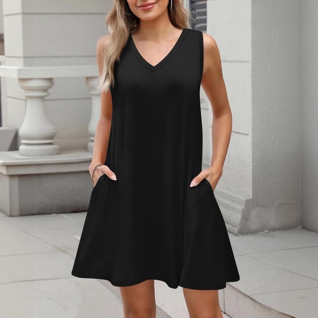 Women's Summer Dresses Loose Fit Solid Color V Neck Sleeveless Sundresses Beach Hawaiian Dress With Pockets