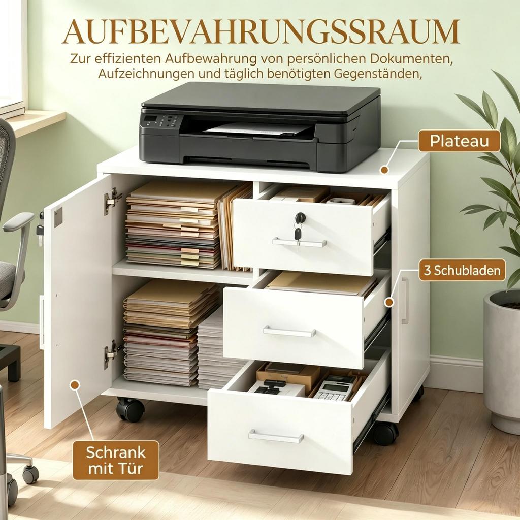 Office pedestal lockable storage cabinet with 3 drawers, adjustable shelf and casters (only with 1pc storage cabinet)