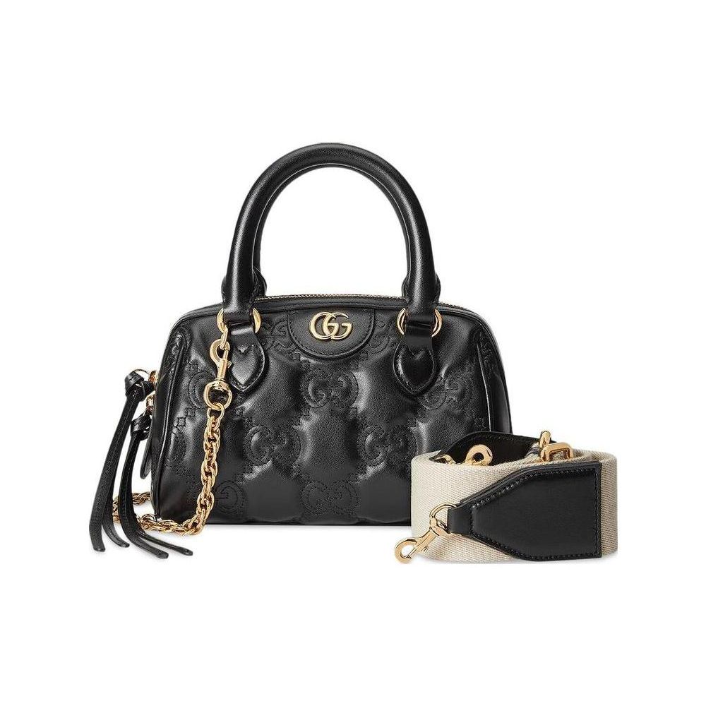 Gucci GG Matelassé Gold Logo Studded Design Canvas Shoulder Strap Leather Handle Boston Bag Small Women bags Black 727793-UM8HG-1046