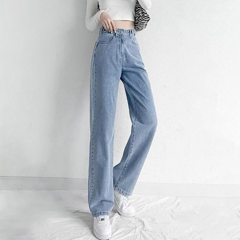 Женские джинсы в стиле ретро с регулируемой талией и широкими штанинами - Ранняя осень, свободный крой, прямые брюки длиной до пола