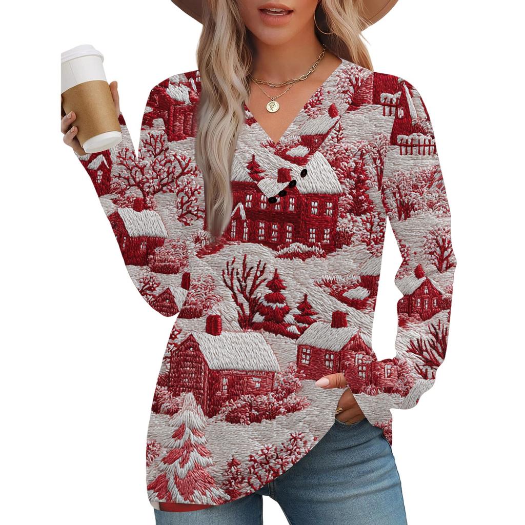 Women's Fashion Casual V-neck Pleated Christmas Long Sleeve Top