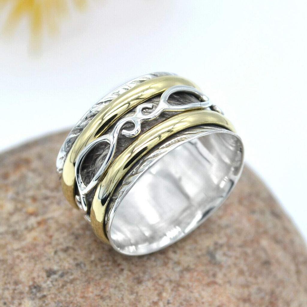 Spinner Silver-Spinner Ring, Solid 925 Sterling Silver Two Tone Meditation Fidget Handmade Silver Brass Meditation Spinner Gift Ring