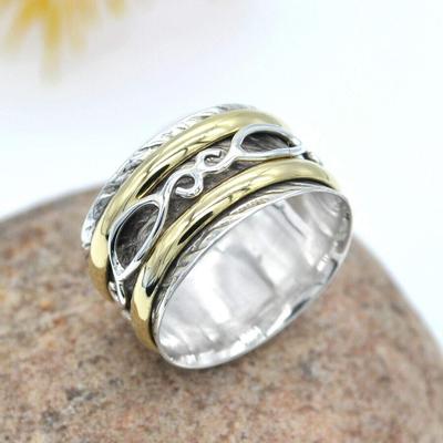 Spinner Silver-Spinner Ring, Solid 925 Sterling Silver Two Tone Meditation Fidget Handmade Silver Brass Meditation Spinner Gift Ring