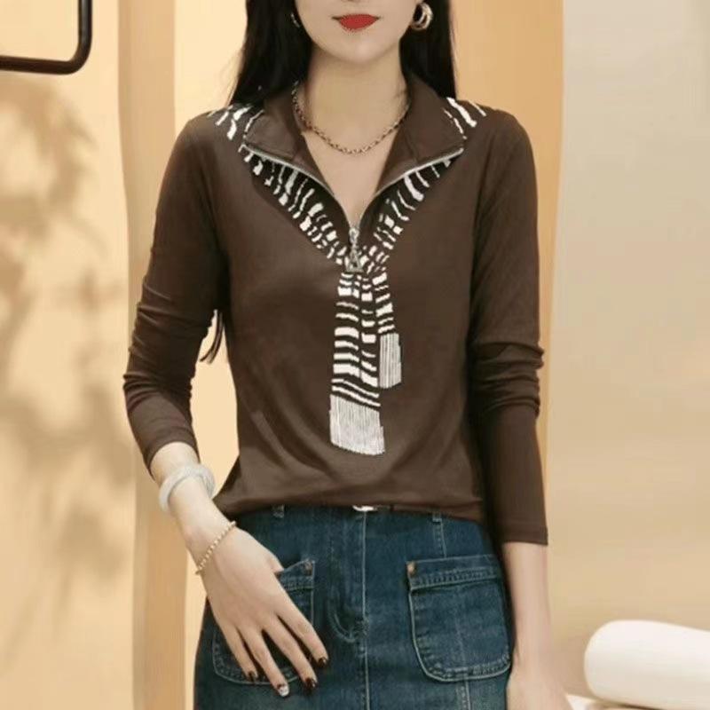 Весна и Осень Новая Модная Однотонная Повседневная Приталенная Базовая Рубашка с Длинным Рукавом на Молнии с Лацканами