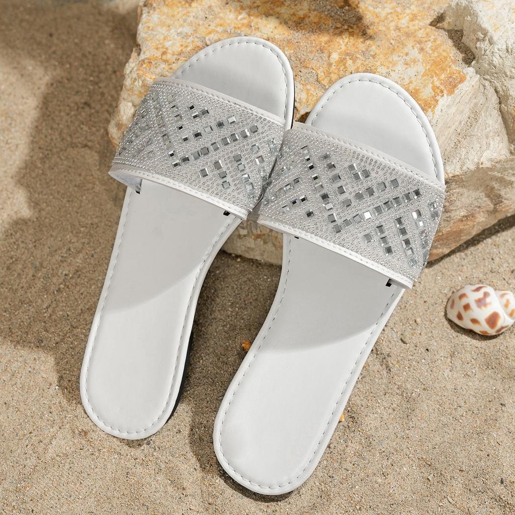 Тапочки большого размера летняя обувь тренд тапочки со стразами новая мода универсальные на плоской подошве пляжные тапочки