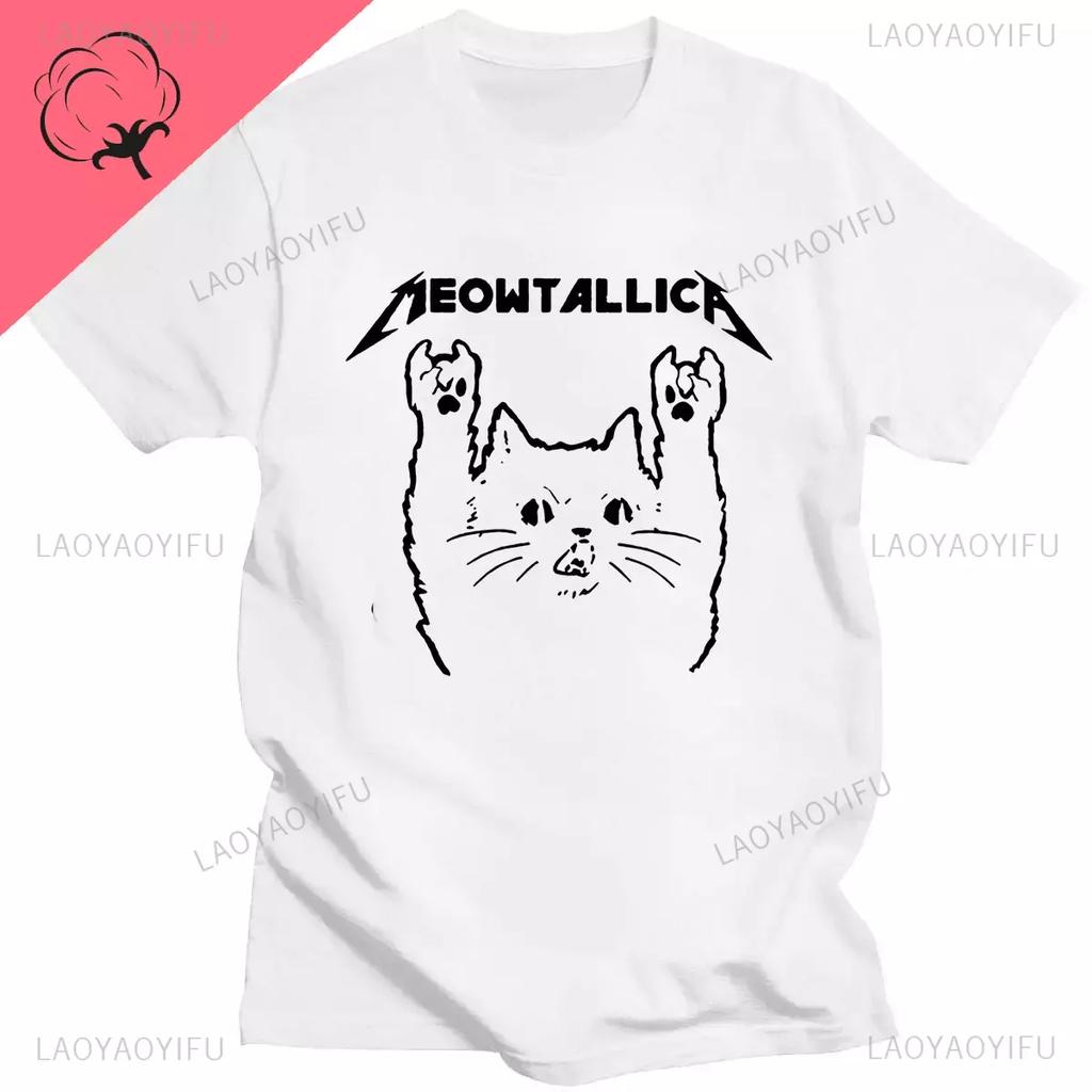 Забавный кот Meowtallica Cat Рок-музыка Футболки с принтом Рок-музыка Мужские топы Модная футболка большого размера Удобная одежда для пар Unsiex
