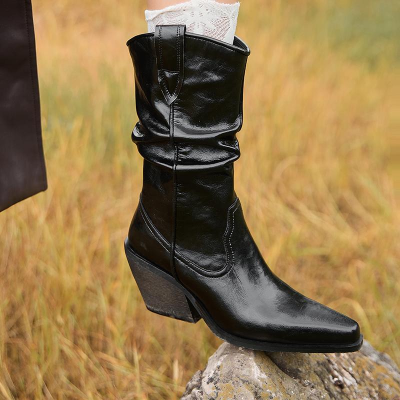 Мода 2024 Новые Осенне-Зимние Женские Сапоги Натуральная Кожа Женская Обувь Острый Носок Массивный Каблук Современная Коровья Замша Вестерн Сапоги