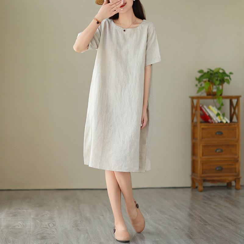 Women's Summer Lightweight Cotton Linen Dress, Japanese Minimalist Solid Color Round Neck Short Sleeve Loose Casual Midi Dress