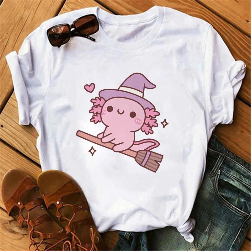 Футболка Axolotl, одежда унисекс, милая, кавайная, винтажная, y2k, футболка, женская, унисекс, Drink Bubble Tea, повседневная, с коротким рукавом, футболка