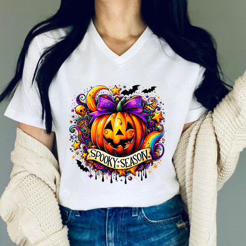 Women Tshirts Pumpkin Halloween Spooky Season Graphic T Shirts Women Colorful Halloween Design Horror Pumpkin Skeleton Tshirt