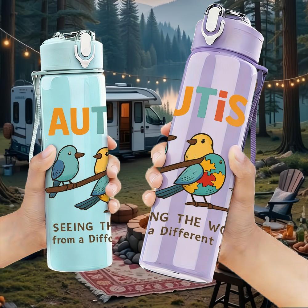 1PC Autism Colorful Bird Floral 750ml Color Plastic Sports Water Bottle Leakproof Flip Straw Lid Suitable for Sports Office Home Use
