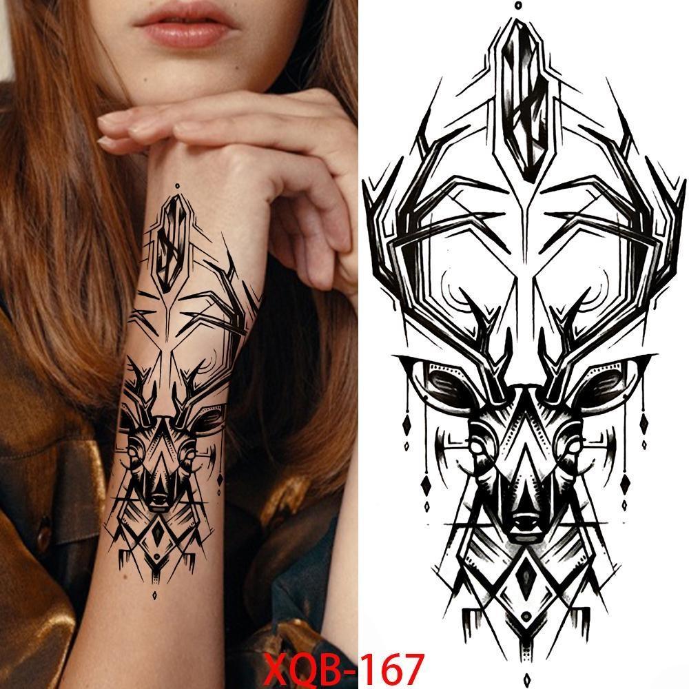 1 PC 210*114MM Cat Geometry Black Temporary Tattoos For Men Women Black Forest Skull Tiger Wolf Tattoo Sticker Evil Devil Arm Tattoo