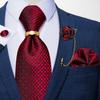 Mens Necktie with Flower Tassel Brooch Pin Red Paisley Silk Tie Hanky Cuffs Set for Business Party