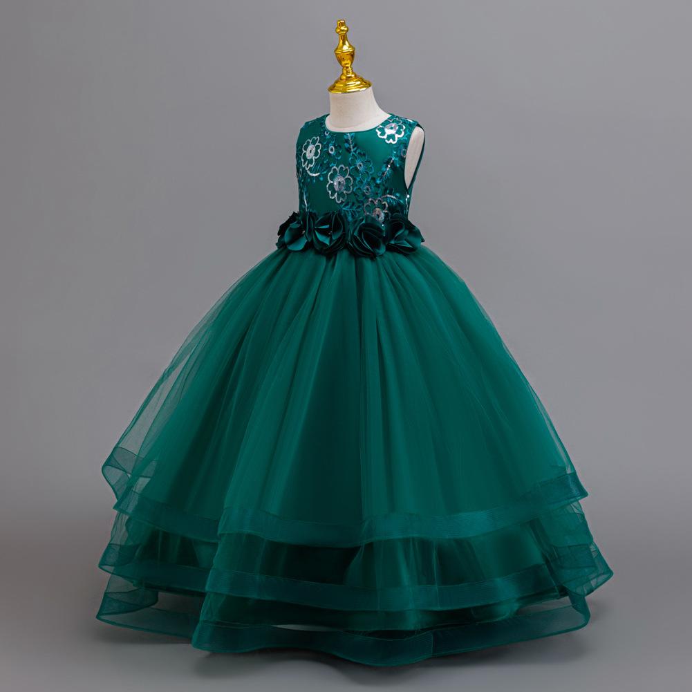 Платье для вечеринки для девочек, юбка, цветочное сетчатое тюлевое платье-пачка, для детей среднего и старшего возраста, длинный рождественский костюм для выступления 632 Детское принцессное