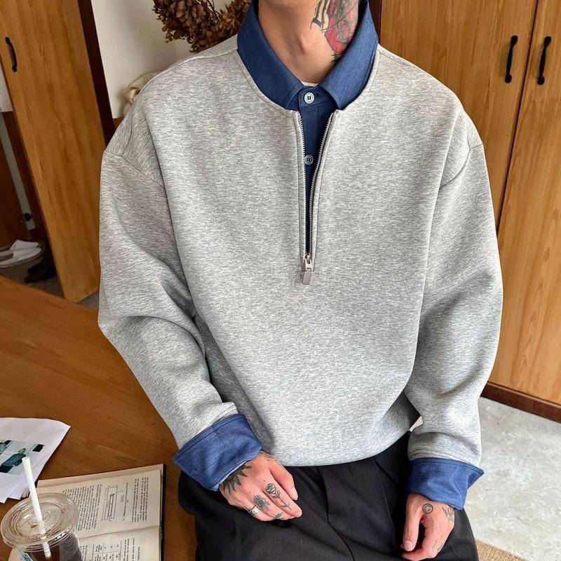 Mens Casual Long Sleeve Sweatshirt Faux Two-piece Half-zip Turn-down Collar Winter Loose Fit