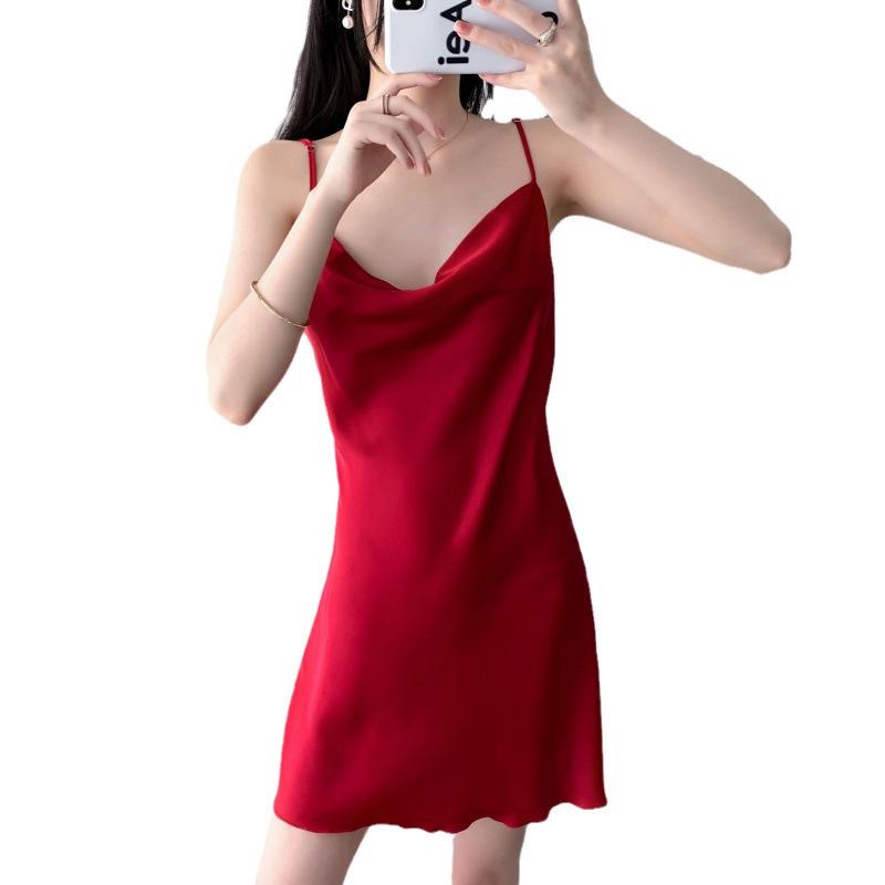 1011 new ice silk thin sexy pajamas women's summer swing collar thin suspender nightdress satin loungewear