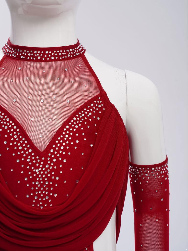 Girls Latin Dance Leotard Ruched Mesh Drapes Cutout Tassel Design Glittery Rhinestones Costume