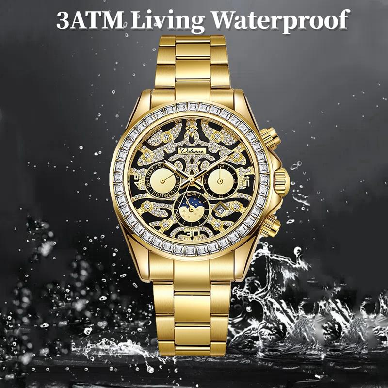 Dulunwe Мужские золотые роскошные часы с бриллиантами Tiger Texture Moon Phase механические автоматические часы ретро татуировка циферблат наручные часы из нержавеющей стали