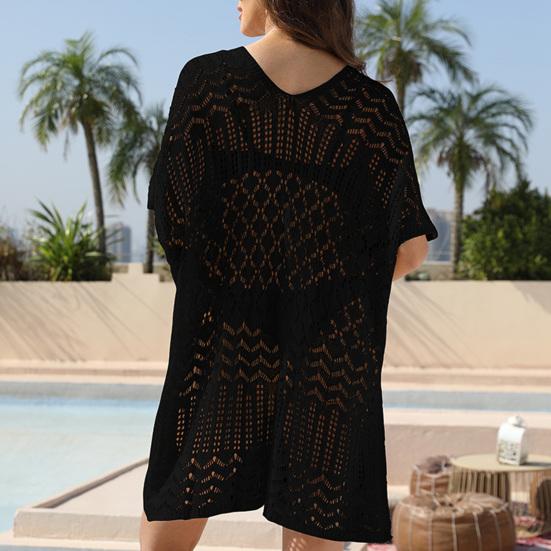Women's Mesh Crochet Swimwear Cover-Up V-Neck Short Sleeve Hollow Out Beachwear Loose Fit Bikini Cover Up Dress for Vacation Travel