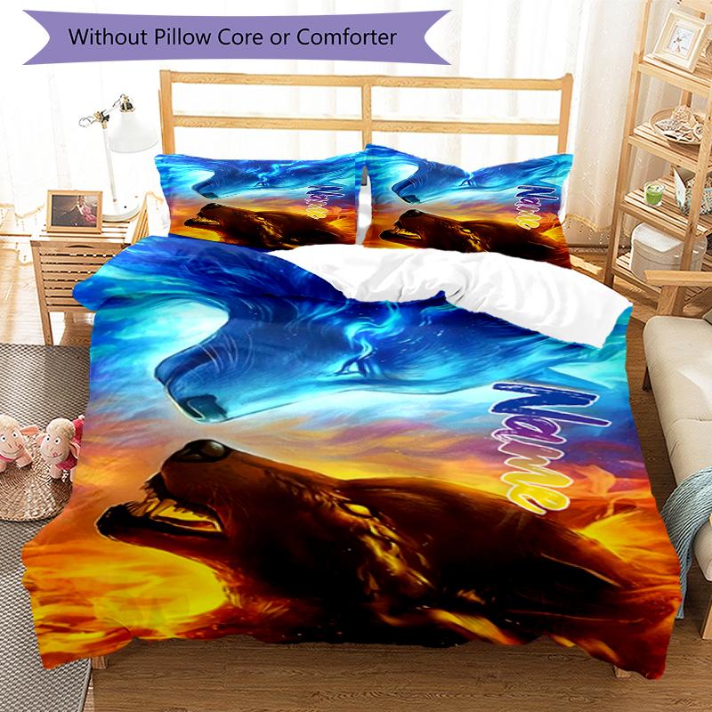 3pcs Custom Name Wolf Bedding Set Duvet Cover Closure Includes 1 Duvet Cover & 2 Pillowcases, Soft and Comfortable for All Seasons.