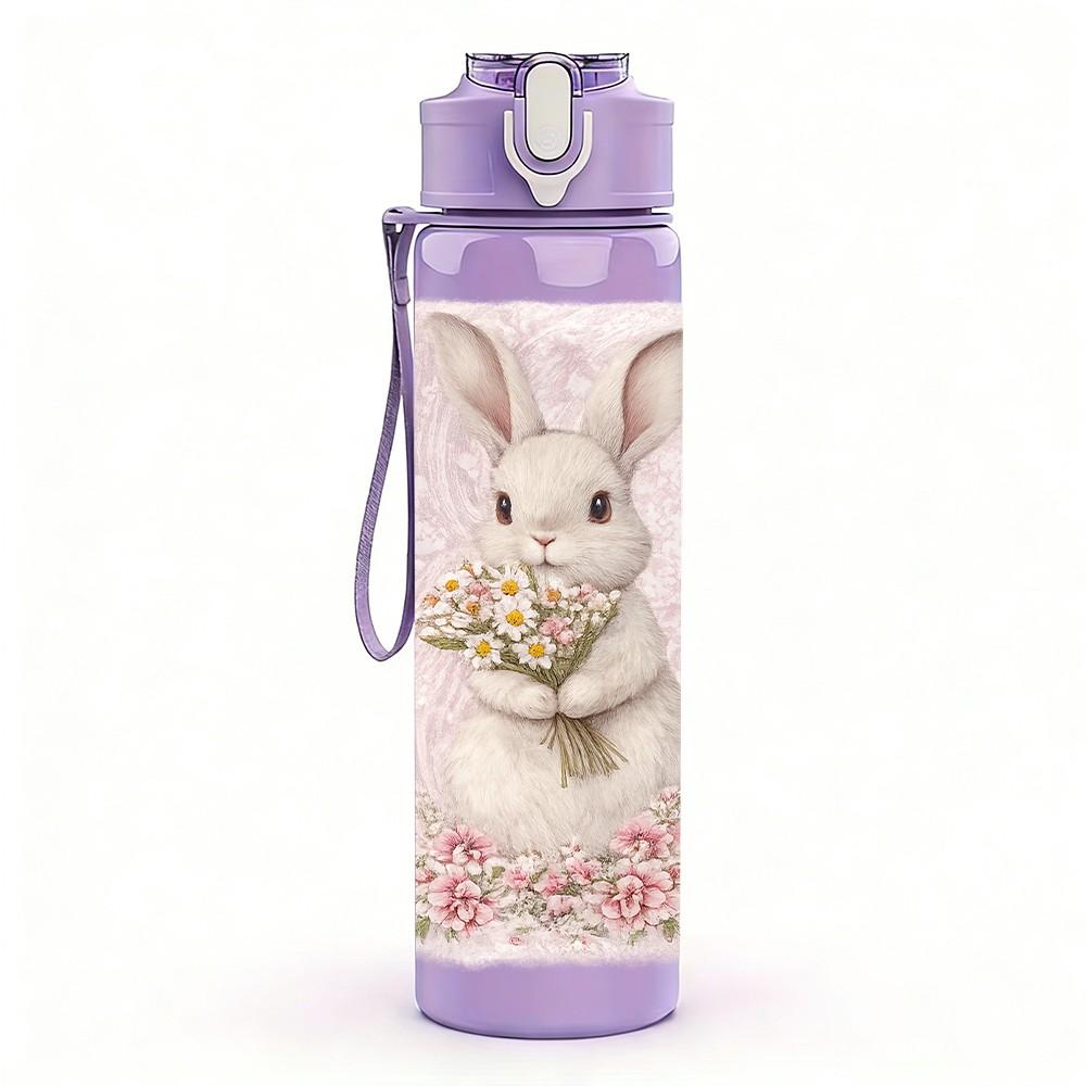 1PC Bunny Holding Pink Flower Print 750ml Color Plastic Sports Water Bottle Leakproof Flip Straw Lid Suitable for Sports Office Home Use