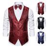 Men Suit Vest Formal Vintage Print Single-breasted V Neck Buttons Sleeveless Slim Fit Cardigan Groom Wedding Emcee Performance Waistcoat with Bow Tie