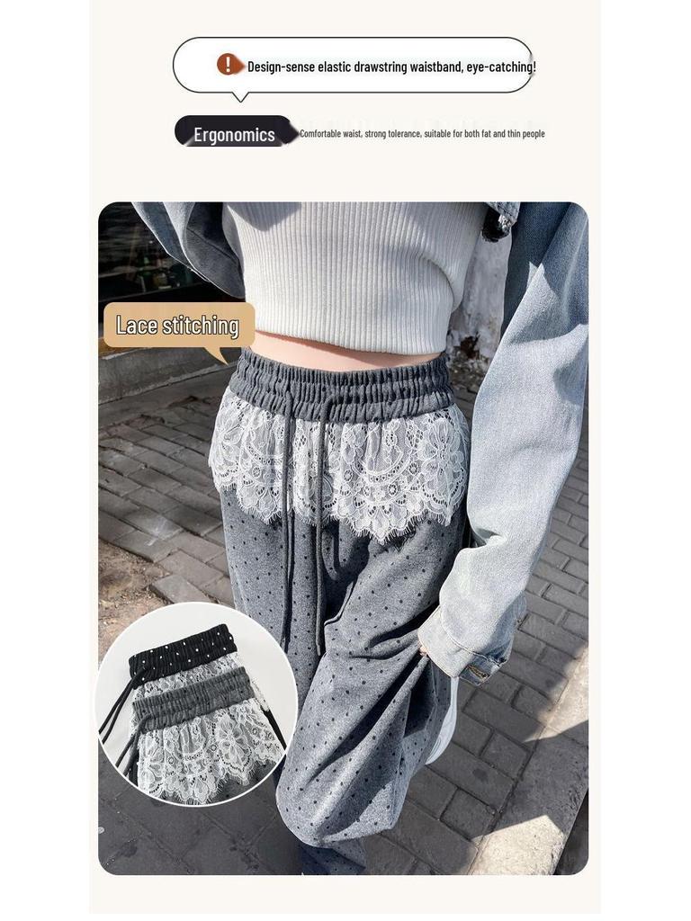Женские брюки с кружевной вставкой в горошек с широкими штанинами до пола – Весенне-летняя нишевая модель, Повседневные свободные брюки прямого кроя