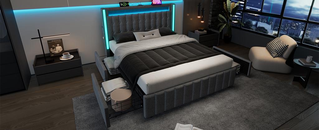 Upholstered Bed USB Type C Charging LED Lighting and 4 Drawers, Youth Beds 160x200cm Double Bed Frame, Wooden Slatted Frame, Grey (Without Mattress)