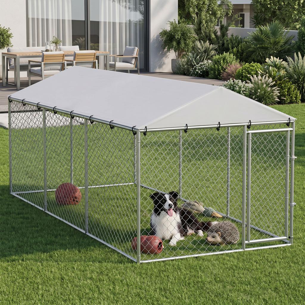 Outdoor Dog Enclosure With Galvanized Mesh And Lock Made Of Steel And Oxford Fabric 4x2.3x2 M Silver