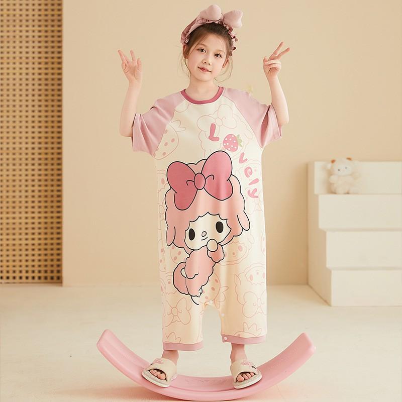 Girls Cotton Pajama Set Short Sleeve Cartoon Sleepwear Kids 8-14 Years Soft Breathable One-Piece Nightgown