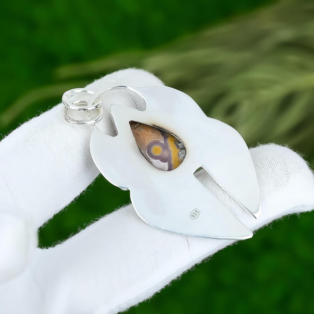 Pear Natural Cobra Jasper Bezel Boho Wedding Ethnic Pendant 925 Sterling Silver