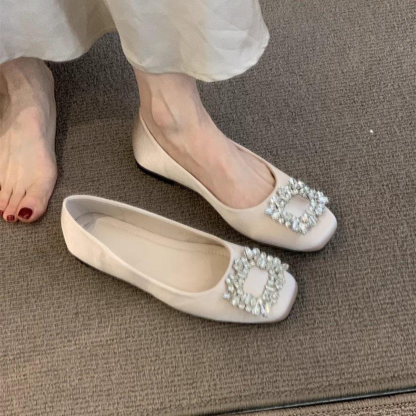 Нежные одинарные туфли новый темперамент квадратная пряжка стразы неглубокий вырез плоская подошва для работы плавающие туфли