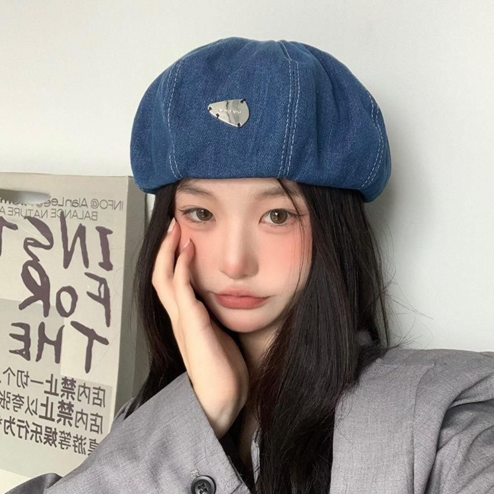 Korean Style Cloud Cowboy Cap Solid Color Denim Octagonal Hat Retro Denim Beret Ladies