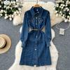 Autumn Winter Women Turn-down Collar Embroidery Flowers Denim Dresses with Belt