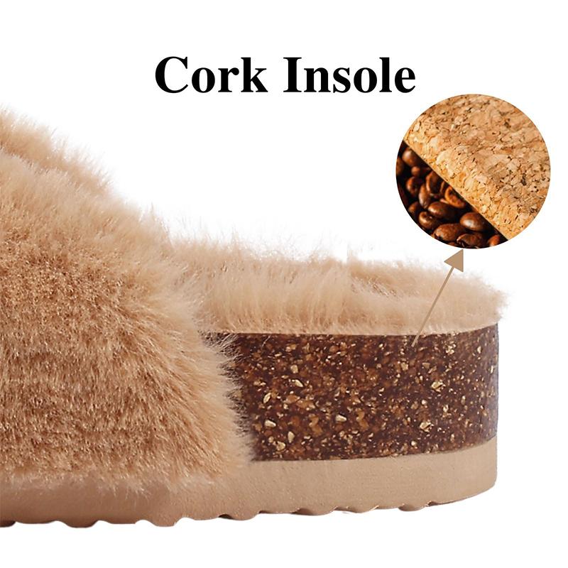 Fashion Smile Fashion Slippers For Women New Cork Insole Comfort Slides Outdoor Fluffy Sandals With Adjustable Metal Buckle Arch Support