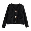 Knit Cropped Cardigan Sweater V-Neck Long Sleeve Buttons Down Loose Fit Sweater Coat with Pockets Solid Color Knitwear