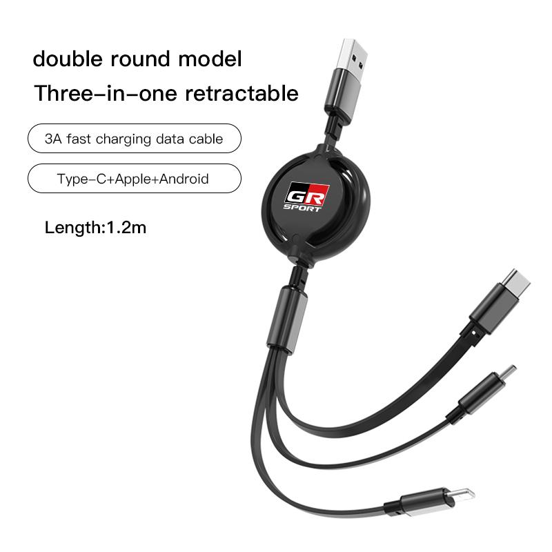 3 In 1 Retractable Mobile Phone Fast Charging Cable For  Toyota Corolla Camry Asian Dragon Supra Hilux Land Cruiser GR SPORT TRD