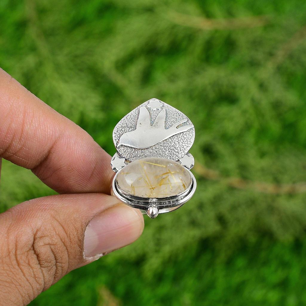 Womens Day Sale Natural Golden Rutile 925 Silver New Statement Bird Ring Jewelry