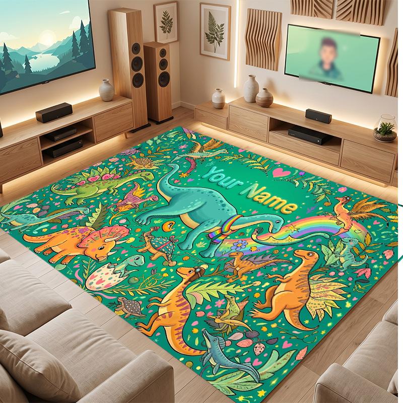 Dinosaur Theme Soft Crystal Velvet Rug Custom Name & Text Print Non Slip Floor Rug for Bedroom Living Room