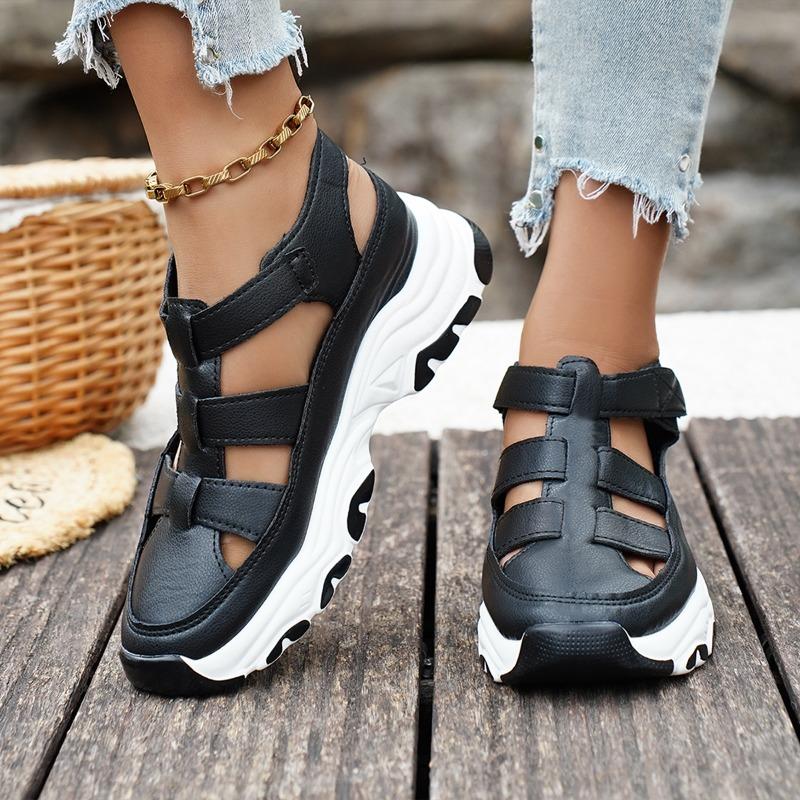 Women's Wide Width Platform Sneakers, Breathable Cutout Wedge Sports Shoes, Velcro Strap Height Increasing Casual Shoes