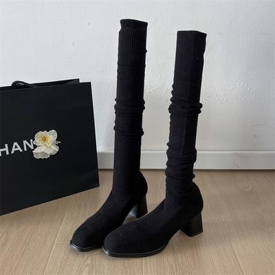 Жемчужные женские высокие сапоги Вязаные сапоги-чулки до колена на высоком каблуке Элегантный тренд 2025 Новая обувь Зимняя вечеринка Сексуальные массивные туфли